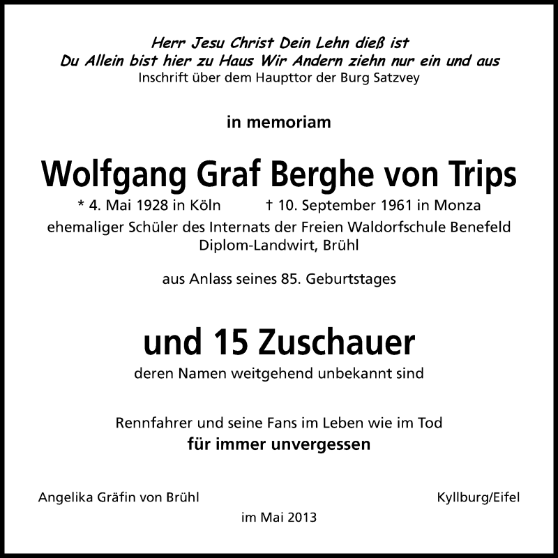  Traueranzeige für Wolfgang Graf Berghe von Trips vom 04.05.2013 aus Kölner Stadt-Anzeiger / Kölnische Rundschau / Express