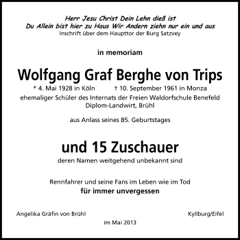 Anzeige von Wolfgang Graf Berghe von Trips von Kölner Stadt-Anzeiger / Kölnische Rundschau / Express
