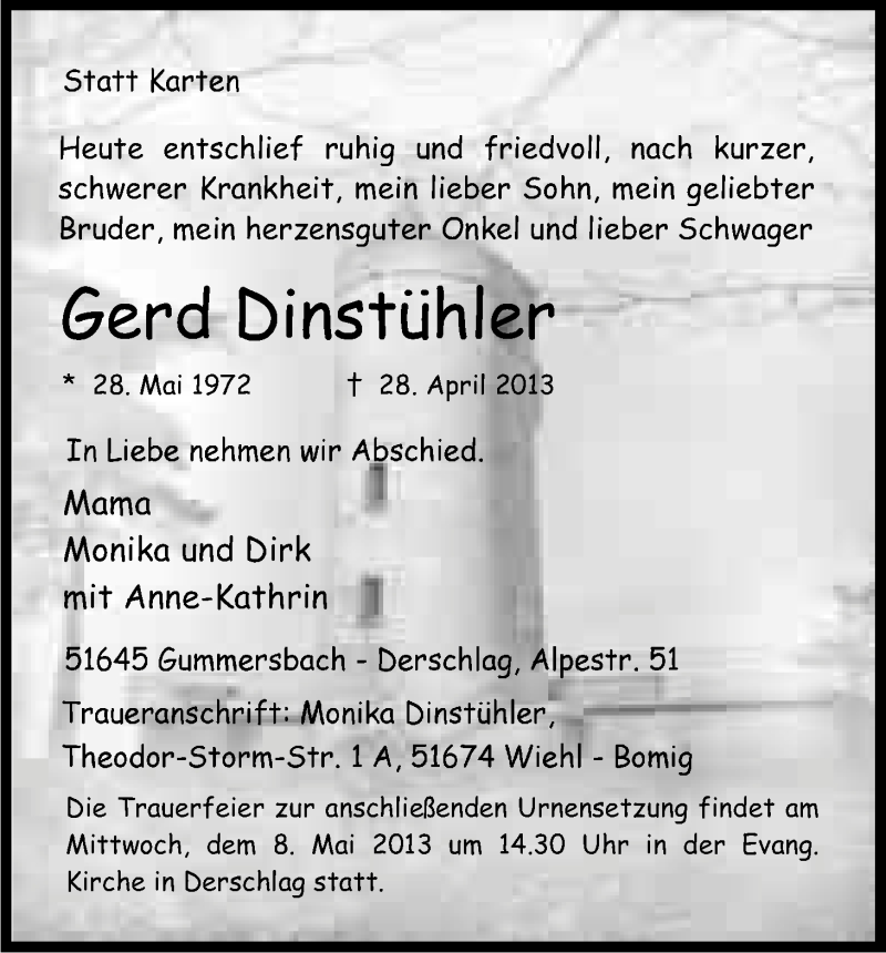  Traueranzeige für Gerd Dinstühler vom 03.05.2013 aus Kölner Stadt-Anzeiger / Kölnische Rundschau / Express