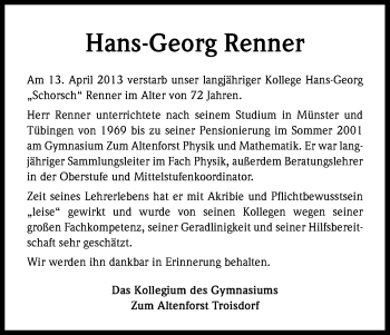 Anzeige von Hans-Georg Renner von Kölner Stadt-Anzeiger / Kölnische Rundschau / Express
