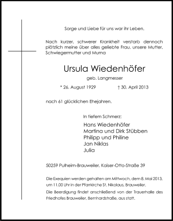 Anzeige von Ursula Wiedenhöfer von Kölner Stadt-Anzeiger / Kölnische Rundschau / Express