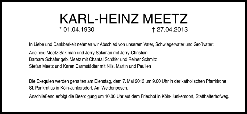  Traueranzeige für Karl-Heinz Meetz vom 04.05.2013 aus Kölner Stadt-Anzeiger / Kölnische Rundschau / Express