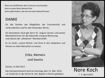 Anzeige von Nore Koch von Kölner Stadt-Anzeiger / Kölnische Rundschau / Express