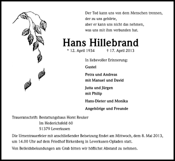 Anzeige von Hans Hillebrand von Kölner Stadt-Anzeiger / Kölnische Rundschau / Express