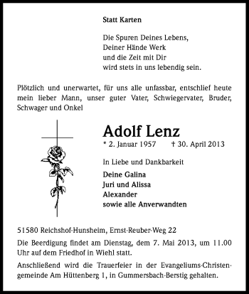 Anzeige von Adolf Lenz von Kölner Stadt-Anzeiger / Kölnische Rundschau / Express