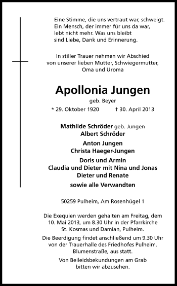 Anzeige von Apollonia Jungen von Kölner Stadt-Anzeiger / Kölnische Rundschau / Express