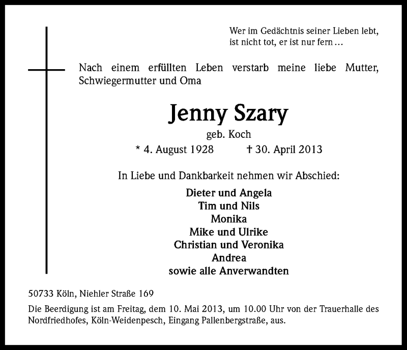  Traueranzeige für Jenny Szary vom 04.05.2013 aus Kölner Stadt-Anzeiger / Kölnische Rundschau / Express