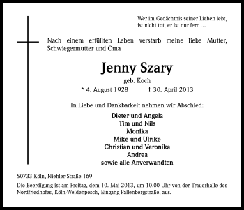 Anzeige von Jenny Szary von Kölner Stadt-Anzeiger / Kölnische Rundschau / Express