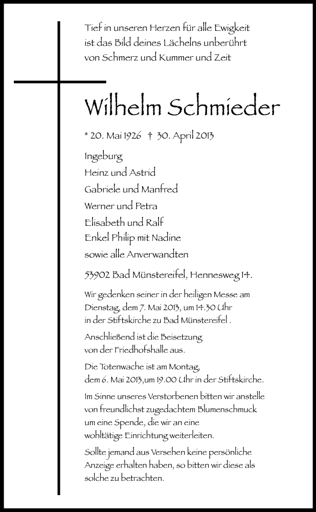  Traueranzeige für Wilhelm Schmieder vom 04.05.2013 aus Kölner Stadt-Anzeiger / Kölnische Rundschau / Express