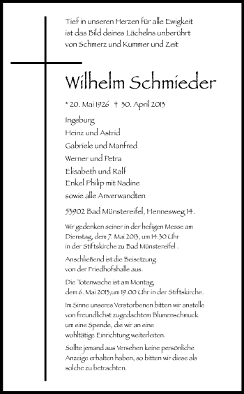 Anzeige von Wilhelm Schmieder von Kölner Stadt-Anzeiger / Kölnische Rundschau / Express
