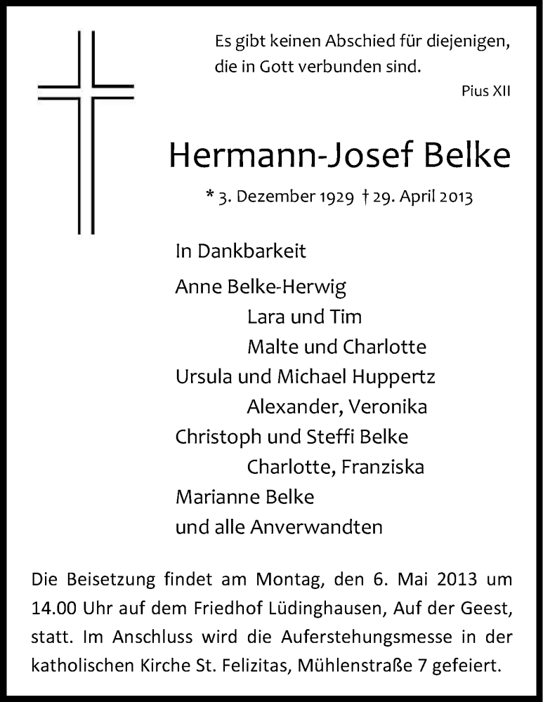  Traueranzeige für Hermann-Josef Belke vom 04.05.2013 aus Kölner Stadt-Anzeiger / Kölnische Rundschau / Express