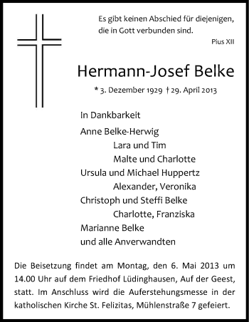 Anzeige von Hermann-Josef Belke von Kölner Stadt-Anzeiger / Kölnische Rundschau / Express