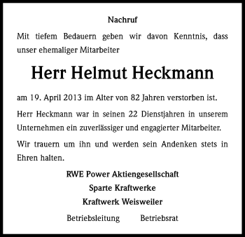 Anzeige von Helmut Heckmann von Kölner Stadt-Anzeiger / Kölnische Rundschau / Express