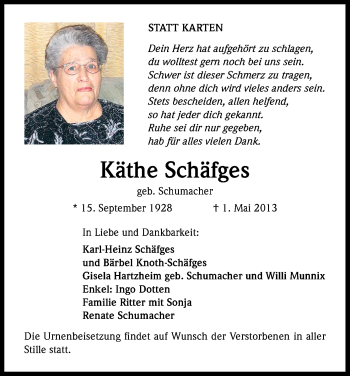 Anzeige von Käthe Schäfges von Kölner Stadt-Anzeiger / Kölnische Rundschau / Express