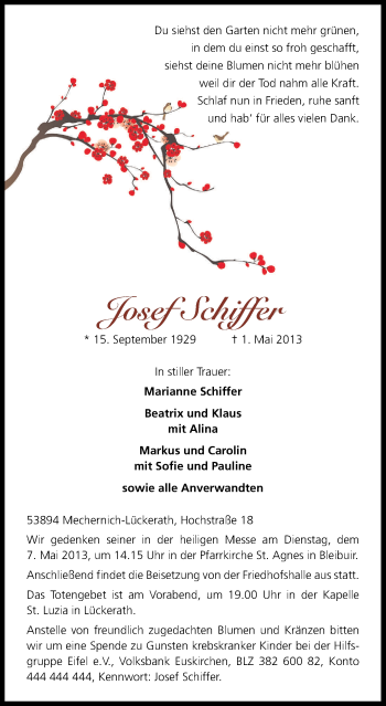 Anzeige von Josef Schiffer von Kölner Stadt-Anzeiger / Kölnische Rundschau / Express