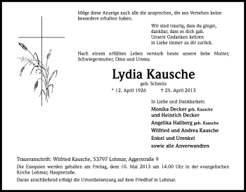 Anzeige von Lydia Kausche von Kölner Stadt-Anzeiger / Kölnische Rundschau / Express