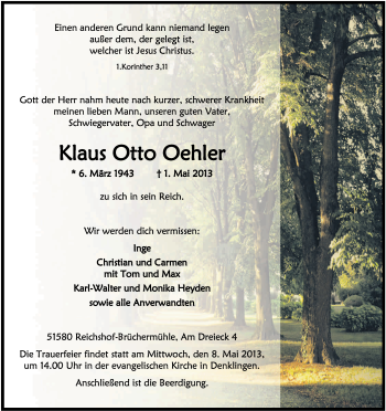 Anzeige von Klaus Otto Oehler von Kölner Stadt-Anzeiger / Kölnische Rundschau / Express