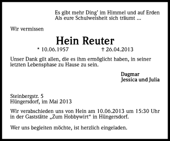 Anzeige von Hein Reuter von Kölner Stadt-Anzeiger / Kölnische Rundschau / Express