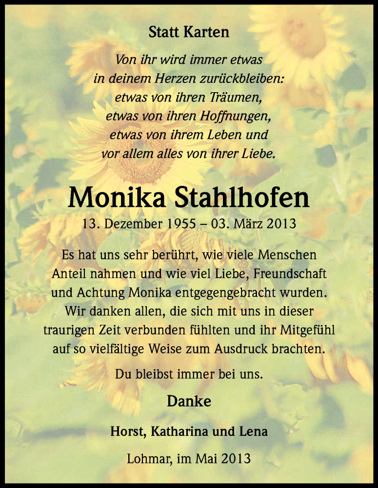  Traueranzeige für Monika Stahlhofen vom 04.05.2013 aus Kölner Stadt-Anzeiger / Kölnische Rundschau / Express