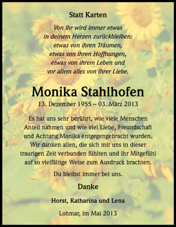 Anzeige von Monika Stahlhofen von Kölner Stadt-Anzeiger / Kölnische Rundschau / Express