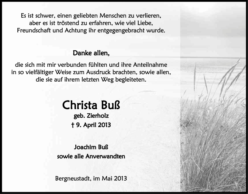  Traueranzeige für Christa Buß vom 11.05.2013 aus Kölner Stadt-Anzeiger / Kölnische Rundschau / Express