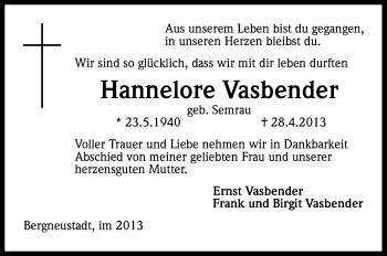 Anzeige von Hannelore Vasbender von Kölner Stadt-Anzeiger / Kölnische Rundschau / Express
