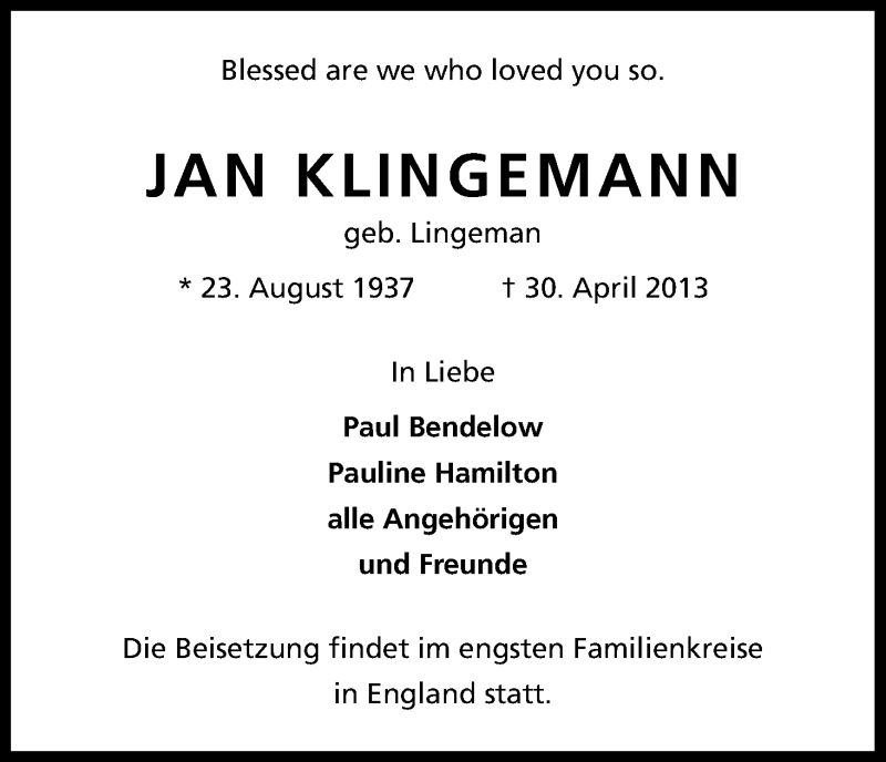  Traueranzeige für Jan Klingemann vom 04.05.2013 aus Kölner Stadt-Anzeiger / Kölnische Rundschau / Express