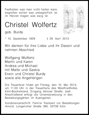 Anzeige von Christel Wolfertz von Kölner Stadt-Anzeiger / Kölnische Rundschau / Express