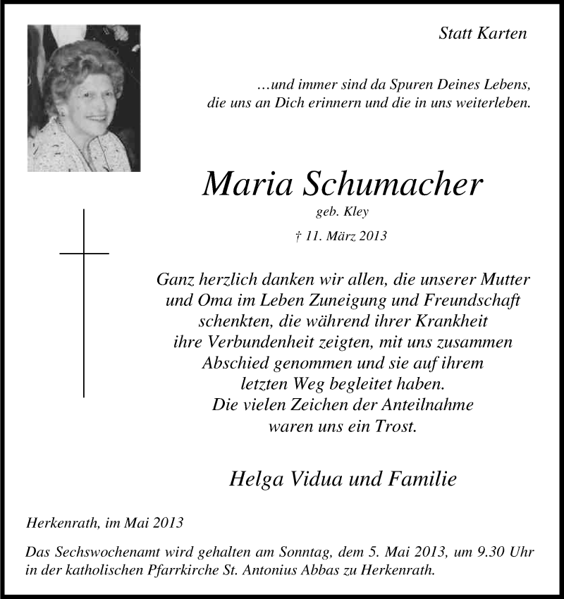  Traueranzeige für Maria Schumacher vom 04.05.2013 aus Kölner Stadt-Anzeiger / Kölnische Rundschau / Express