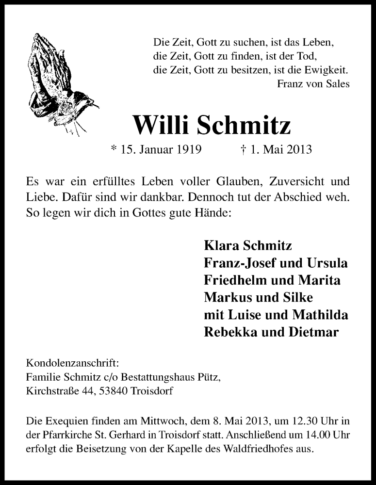  Traueranzeige für Willi Schmitz vom 04.05.2013 aus Kölner Stadt-Anzeiger / Kölnische Rundschau / Express