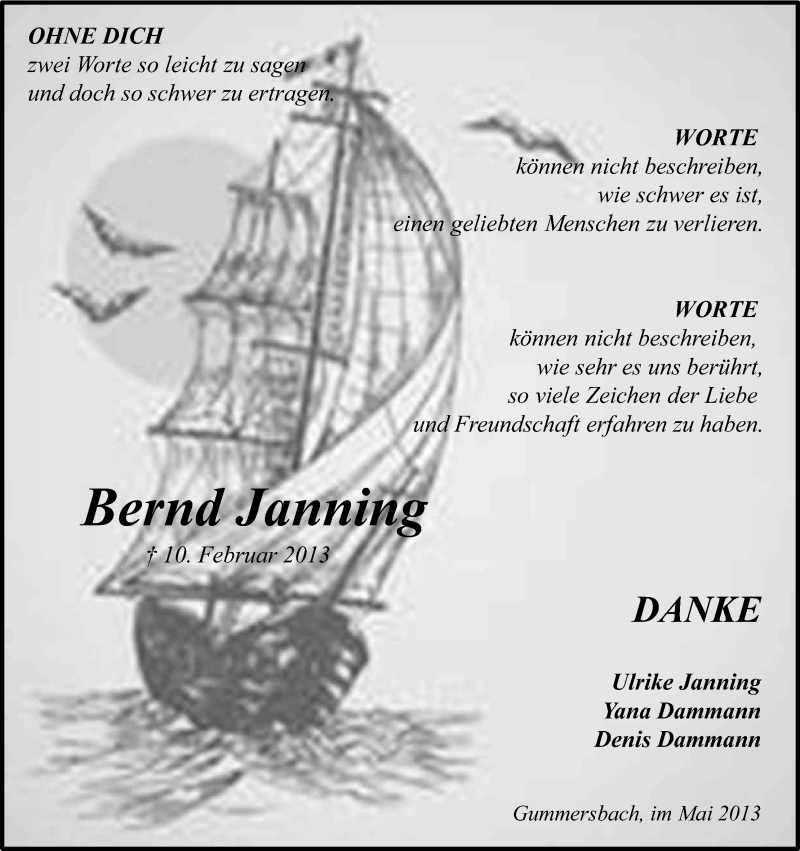  Traueranzeige für Bernd Janning vom 04.05.2013 aus Kölner Stadt-Anzeiger / Kölnische Rundschau / Express