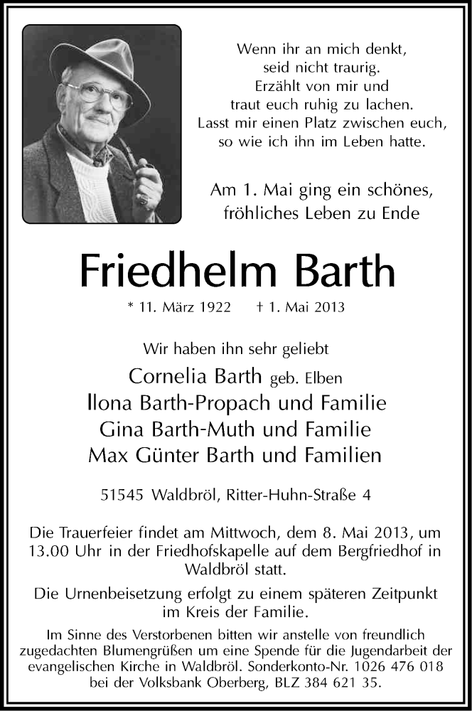  Traueranzeige für Friedhelm Barth vom 04.05.2013 aus Kölner Stadt-Anzeiger / Kölnische Rundschau / Express
