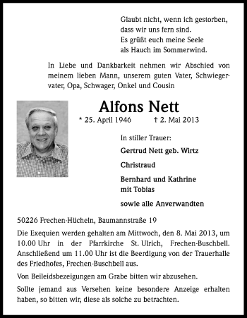 Anzeige von Alfons Nett von Kölner Stadt-Anzeiger / Kölnische Rundschau / Express