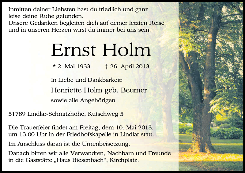  Traueranzeige für Ernst Holm vom 04.05.2013 aus Kölner Stadt-Anzeiger / Kölnische Rundschau / Express
