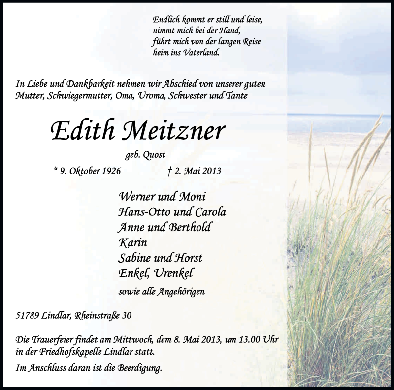 Traueranzeige für Edith Meitzner vom 04.05.2013 aus Kölner Stadt-Anzeiger / Kölnische Rundschau / Express