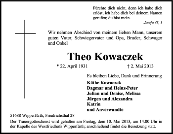Anzeige von Theo Kowaczek von Kölner Stadt-Anzeiger / Kölnische Rundschau / Express