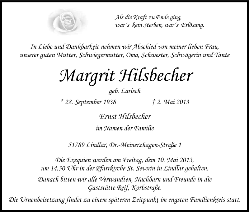  Traueranzeige für Margrit Hilsbecher vom 04.05.2013 aus Kölner Stadt-Anzeiger / Kölnische Rundschau / Express