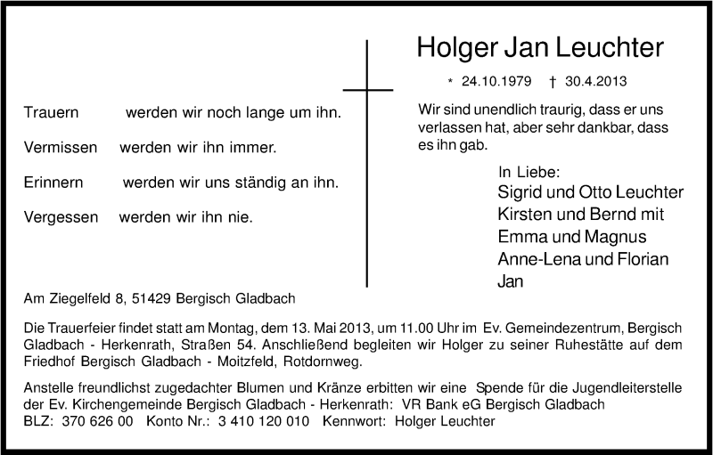  Traueranzeige für Holger Jan Leuchter vom 04.05.2013 aus Kölner Stadt-Anzeiger / Kölnische Rundschau / Express