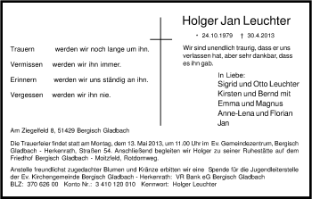 Anzeige von Holger Jan Leuchter von Kölner Stadt-Anzeiger / Kölnische Rundschau / Express