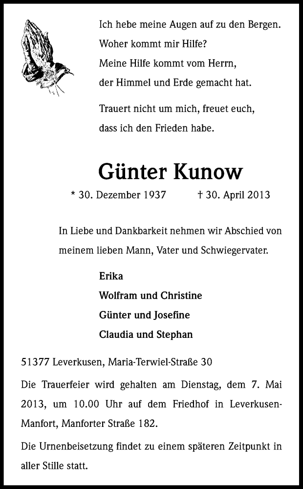  Traueranzeige für Günter Kunow vom 04.05.2013 aus Kölner Stadt-Anzeiger / Kölnische Rundschau / Express