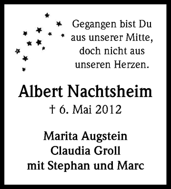 Anzeige von Albert Nachtsheim von Kölner Stadt-Anzeiger / Kölnische Rundschau / Express