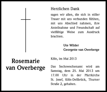 Anzeige von Rosemarie van Overberge von Kölner Stadt-Anzeiger / Kölnische Rundschau / Express