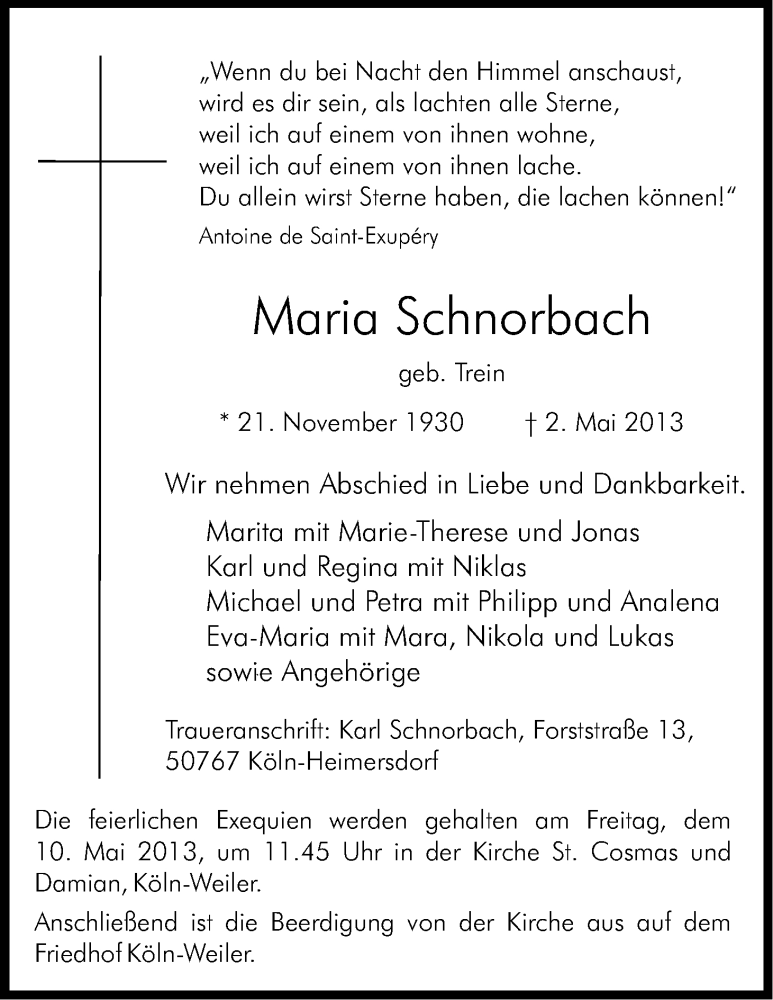  Traueranzeige für Maria Schnorbach vom 04.05.2013 aus Kölner Stadt-Anzeiger / Kölnische Rundschau / Express