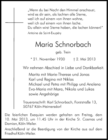 Anzeige von Maria Schnorbach von Kölner Stadt-Anzeiger / Kölnische Rundschau / Express