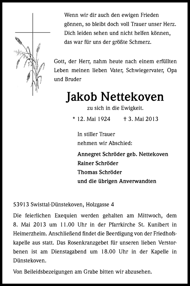  Traueranzeige für Jakob Nettekoven vom 04.05.2013 aus Kölner Stadt-Anzeiger / Kölnische Rundschau / Express