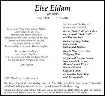 Anzeige von Else Eidam von Kölner Stadt-Anzeiger / Kölnische Rundschau / Express