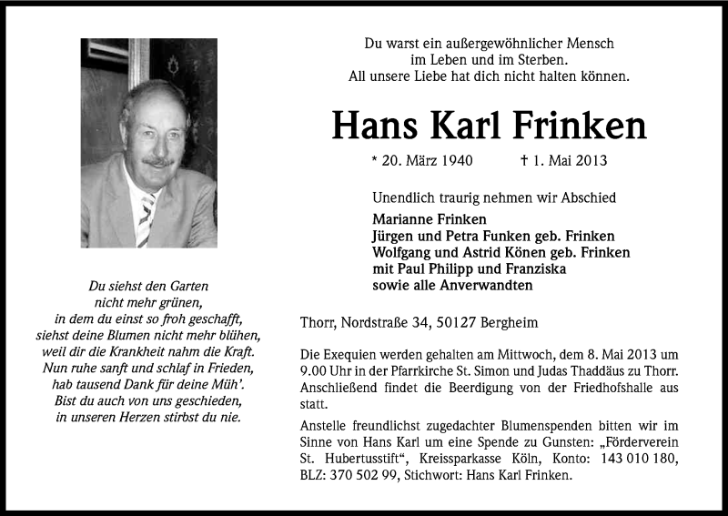  Traueranzeige für Hans Karl Frinken vom 04.05.2013 aus Kölner Stadt-Anzeiger / Kölnische Rundschau / Express