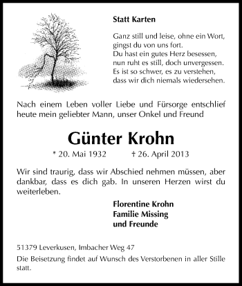 Anzeige von Günter Krohn von Kölner Stadt-Anzeiger / Kölnische Rundschau / Express