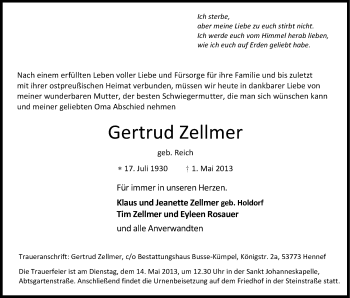Anzeige von Gertrud Zellmer von Kölner Stadt-Anzeiger / Kölnische Rundschau / Express