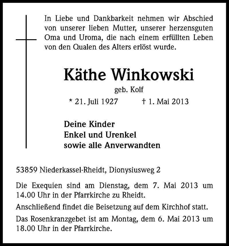  Traueranzeige für Käthe Winkowski vom 04.05.2013 aus Kölner Stadt-Anzeiger / Kölnische Rundschau / Express